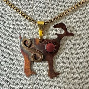 Vintage Handmade Copper Animal Pendant Necklace with Red Jasper Accent